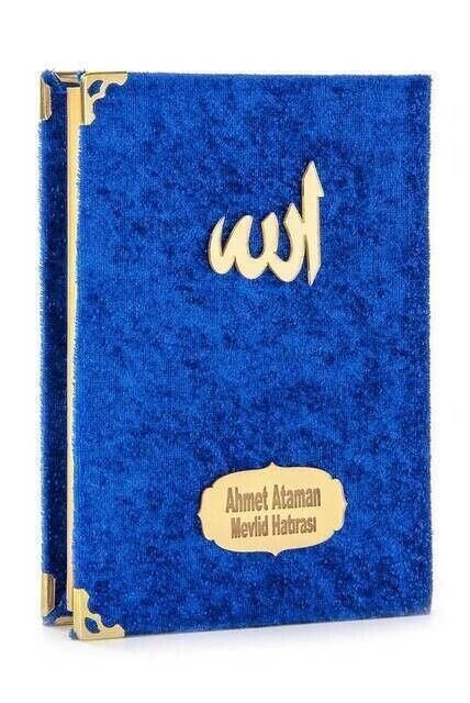 10 PCS - Economic Velvet Covered Yasin Book - Bag Size - Name Printed Plate - Navy Blue - Mevlid Gift - 1