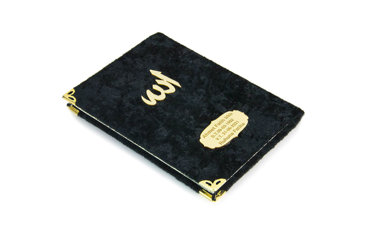 10 Personalized Mevlüt Gift Velvet Covered Yasin Book 80 Pages Black - 3