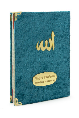 10 Personalized Mevlüt Gifts Velvet Covered Yasin Book 80 Pages Petrol - 1