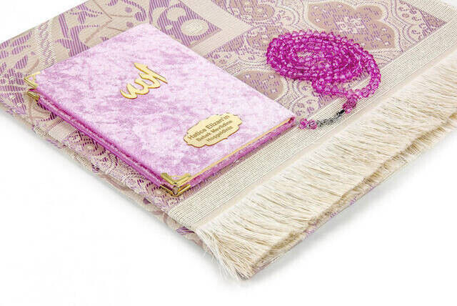 10 Pieces Special Gift Set - Velvet Covered Book of Yasin - Pocket Size - Custom Name Plate - Prayer Rug - Rosary - Boxed - Pink - 2