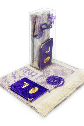 10 Pieces Special Gift Set - Velvet Covered Book of Yasin - Pocket Size - With Name Plate - With Prayer Rug - With Rosary - Boxed - Purple - Mevlüt Gift - 1