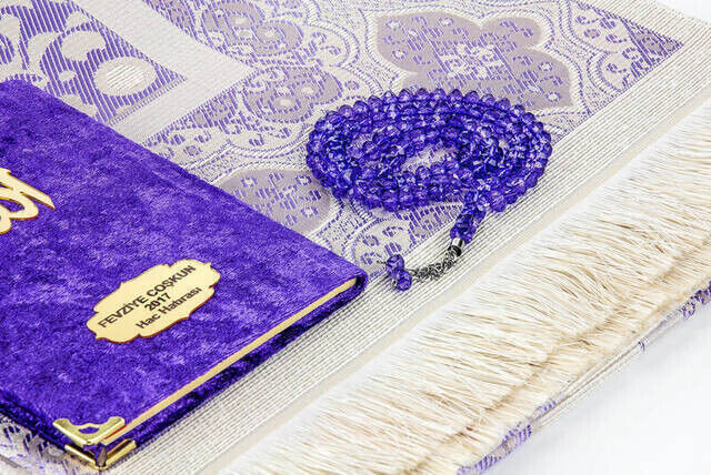 10 Pieces Special Gift Set - Velvet Covered Book of Yasin - Pocket Size - With Name Plate - With Prayer Rug - With Rosary - Boxed - Purple - Mevlüt Gift - 3