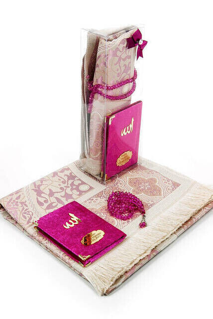 10 Pieces Special Gift Set - Velvet Covered Yasin Book - Pocket Size - Name Plate - Prayer Rug - Rosary - Boxed - Fuchsia - 1