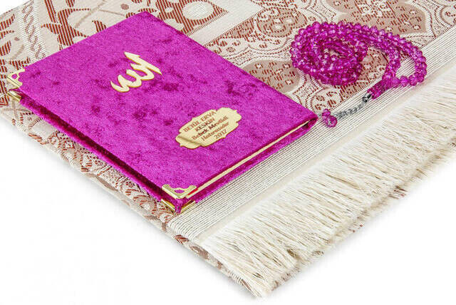 10 Pieces Special Gift Set - Velvet Covered Yasin Book - Pocket Size - Name Plate - Prayer Rug - Rosary - Boxed - Fuchsia - 2