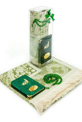 10 Pieces Special Gift Set - Velvet Covered Yasin Book - Pocket Size - Name Plate - Prayer Rug - Rosary - Boxed - Green - 1