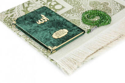 10 Pieces Special Gift Set - Velvet Covered Yasin Book - Pocket Size - Name Plate - Prayer Rug - Rosary - Boxed - Green - 3