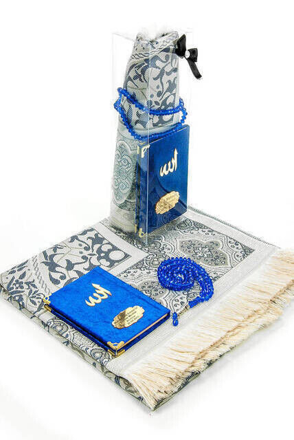 10 Pieces Special Gift Set - Velvet Covered Yasin Book - Pocket Size - Name Plate - Prayer Rug - Rosary - Boxed - Navy Blue - 1