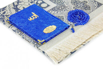 10 Pieces Special Gift Set - Velvet Covered Yasin Book - Pocket Size - Name Plate - Prayer Rug - Rosary - Boxed - Navy Blue - 3