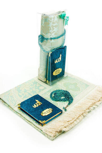 10 Pieces Special Gift Set - Velvet Covered Yasin Book - Pocket Size - Name Plate - Prayer Rug - Rosary - Boxed - Petrol - 1