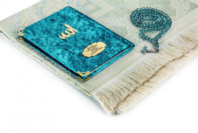 10 Pieces Special Gift Set - Velvet Covered Yasin Book - Pocket Size - Name Plate - Prayer Rug - Rosary - Boxed - Petrol - 2