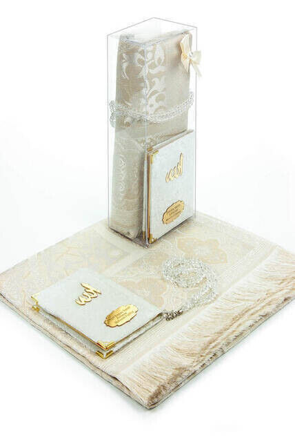 10 Pieces Special Gift Set - Velvet Covered Yasin Book - Pocket Size - Name Plate - Prayer Rug - Rosary - Boxed - White - 1