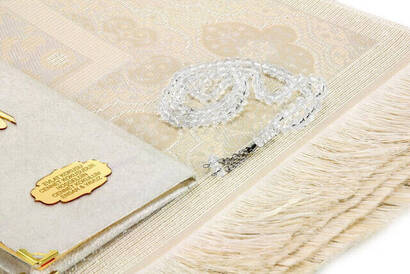 10 Pieces Special Gift Set - Velvet Covered Yasin Book - Pocket Size - Name Plate - Prayer Rug - Rosary - Boxed - White - 2