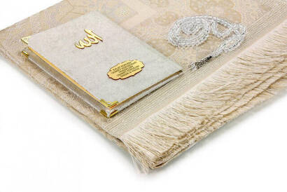 10 Pieces Special Gift Set - Velvet Covered Yasin Book - Pocket Size - Name Plate - Prayer Rug - Rosary - Boxed - White - 3