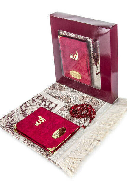 10 Pieces Special Gift Velvet Covered Book of Yasin - Bag Size - Name Plate - Prayer Rug - Rosary - Boxed - Red - 1