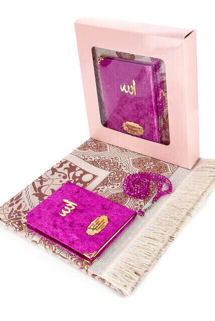 10 Pieces Special Gift Velvet Covered Book of Yasin - Bag Size - Name-Specific Plate - Prayer Rug - Rosary - Boxed - Fuchsia - 1