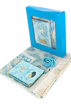 10 Pieces Special Gift Velvet Covered Yasin Book - Bag Size - Name Plate - Prayer Rug - Rosary - Boxed - Blue - 1