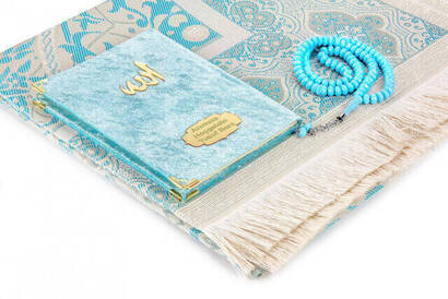 10 Pieces Special Gift Velvet Covered Yasin Book - Bag Size - Name Plate - Prayer Rug - Rosary - Boxed - Blue - 2