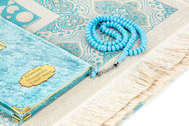 10 Pieces Special Gift Velvet Covered Yasin Book - Bag Size - Name Plate - Prayer Rug - Rosary - Boxed - Blue - 3