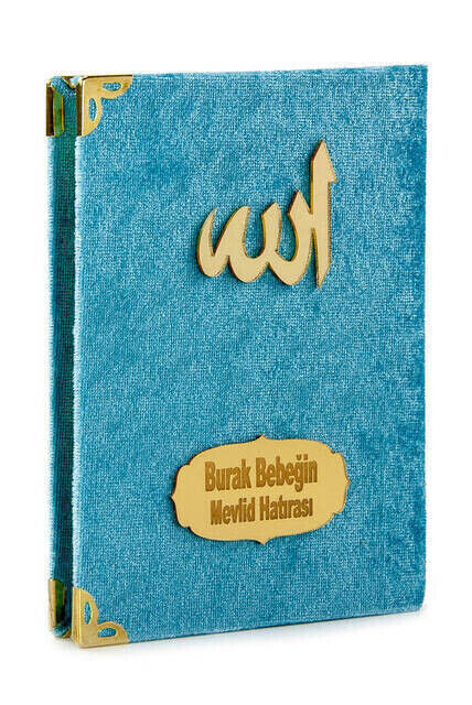 10 Pieces Special Gift Velvet Covered Yasin Book - Bag Size - Name Plate - Prayer Rug - Rosary - Boxed - Blue - 4