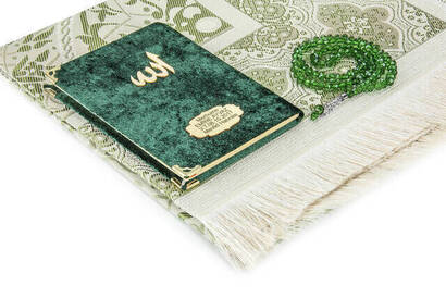 10 Pieces Special Gift Velvet Covered Yasin Book - Bag Size - Name Plate - Prayer Rug - Rosary - Boxed - Green - 2