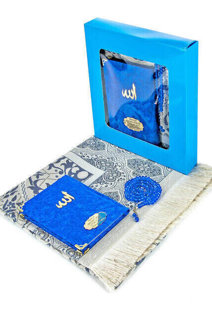 10 Pieces Special Gift Velvet Covered Yasin Book - Bag Size - Name Plate - Prayer Rug - Rosary - Boxed - Navy Blue - 1