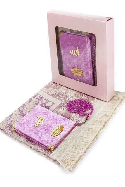 10 Pieces Special Gift Velvet Covered Yasin Book - Bag Size - Name Plate - Prayer Rug - Rosary - Boxed - Pink - 1