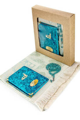 10 Pieces Special Gift Velvet Covered Yasin Book - Bag Size - Name Special Plate - Prayer Rug - Rosary - Boxed - Petrol - 1