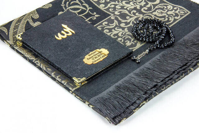 10 Pieces Special Gift Velvet Covered Yasin Book - Bag Size - Name-Specific Plate - Prayer Rug - Rosary - Boxed - Black - 2