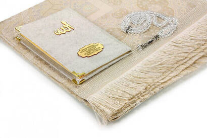 10 Pieces Special Gift Velvet Covered Yasin Book - Bag Size - Name-Specific Plate - Prayer Rug - Rosary - Boxed - Cream - 2