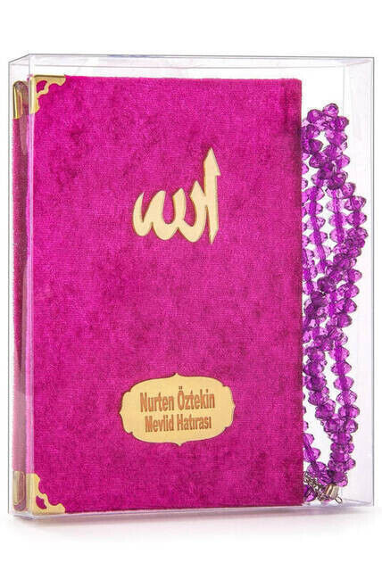 10 Pieces Velvet Covered Yasin Book - Bag Size - Name Printed Plate - Rosary - Transparent Box - Fuchsia - Gift Yasin Set - 2