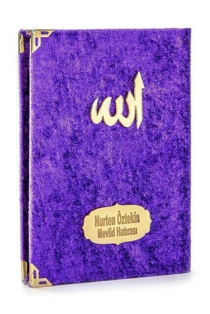 10 Pieces Velvet Covered Yasin Book - Bag Size - Name Printed Plate - Rosary - Transparent Box - Purple - Gift Yasin Set - 2