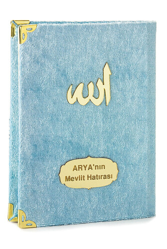 10 Pieces Velvet Covered Yasin Book - Bag Size - Name-Specific Plate - Rosary - Sachet - Blue Color - Mevlüt Gift - 80 Pages - 3