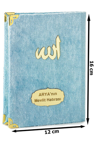 10 Pieces Velvet Covered Yasin Book - Bag Size - Name-Specific Plate - Rosary - Sachet - Blue Color - Mevlüt Gift - 80 Pages - 4