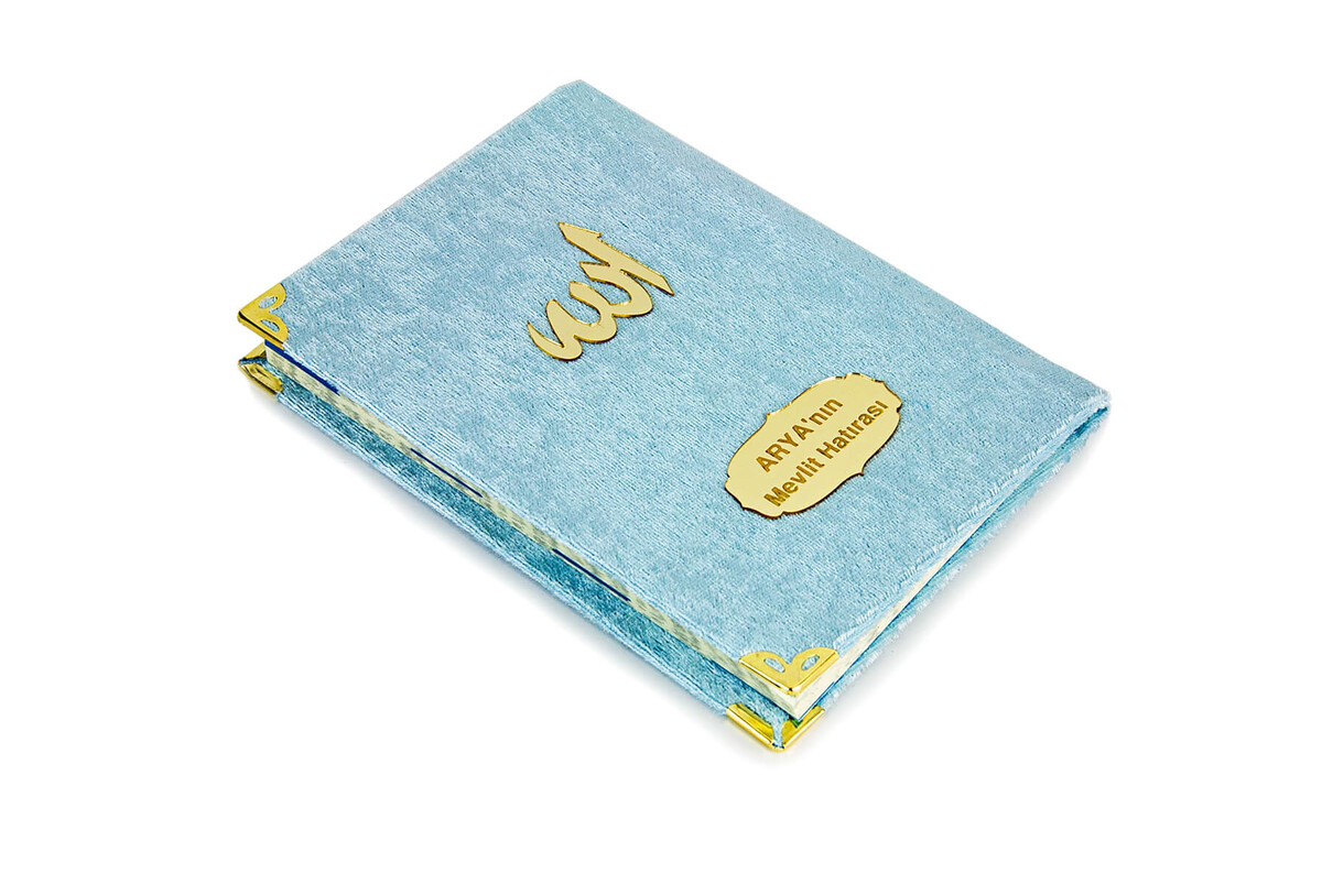 10 Pieces Velvet Covered Yasin Book - Bag Size - Name-Specific Plate - Rosary - Sachet - Blue Color - Mevlüt Gift - 80 Pages - 5