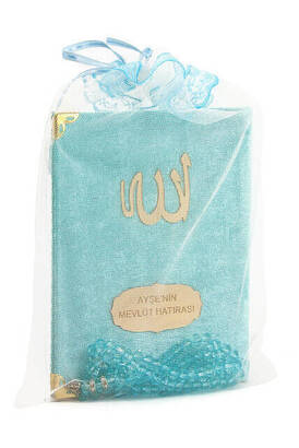 10 Pieces Velvet Covered Yasin Book - Bag Size - Name-Specific Plate - Rosary - Sachet - Blue Color - Mevlüt Gift - 1