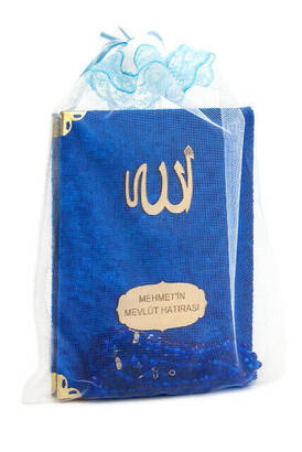 10 Pieces Velvet Covered Yasin Book - Bag Size - Name-Specific Plate - Rosary - Sachet - Dark Blue Color - Mevlüt Gift - 1