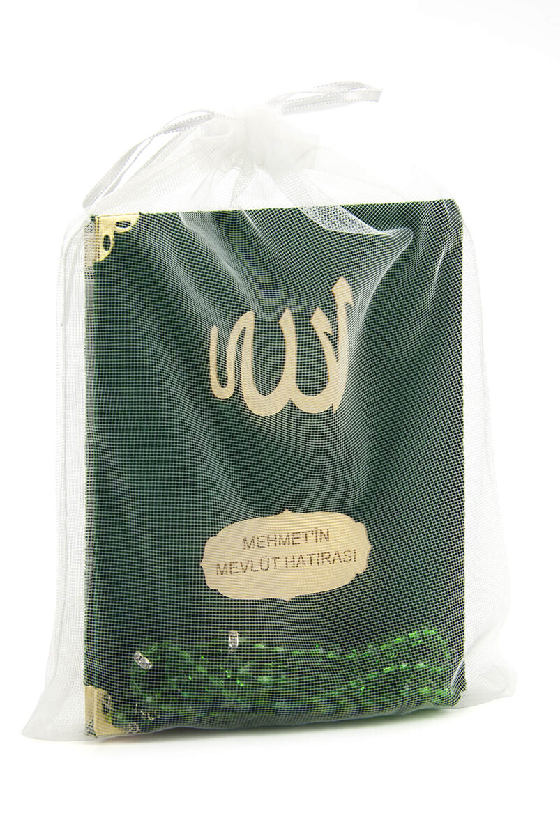 10 Pieces Velvet Covered Yasin Book - Bag Size - Name-Specific Plate - Rosary - Sachet - Green Color - Mevlüt Gift - 80 Pages - 1