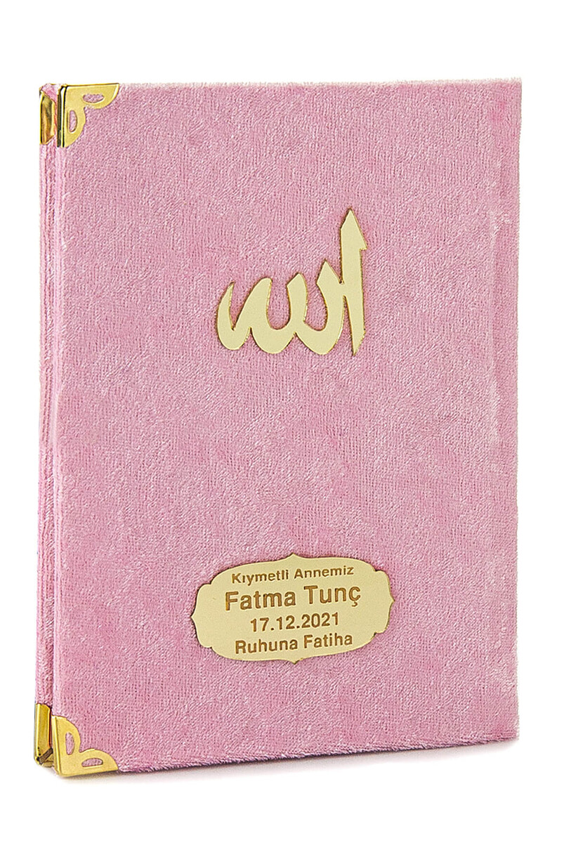 10 Pieces Velvet Covered Yasin Book - Bag Size - Name-Specific Plate - Rosary - Sachet - Pink Color - Mevlüt Gift - 80 Pages - 3