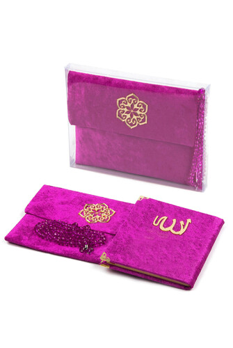 10 Pieces Velvet Covered Yasin Book - Bag Size - With Rosary - Sachet - Boxed - Fuchsia Color - Mevlit Gift - 1