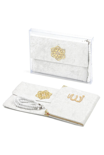 10 Pieces Velvet Covered Yasin Book - Bag Size - With Rosary - Sachet - Boxed - White Color - Mevlit Gift - 1