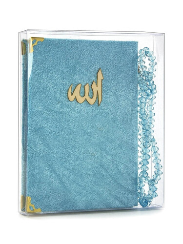 10 Pieces Velvet Covered Yasin Book - Bag Size - With Rosary - Transparent Box - Blue - Gift Yasin Set - 1