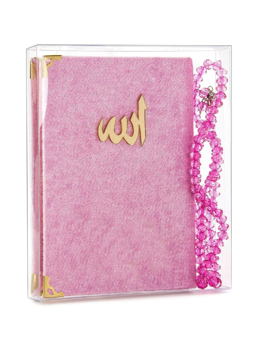 10 Pieces Velvet Covered Yasin Book - Bag Size - With Rosary - Transparent Box - Pink - Gift Yasin Set - 1