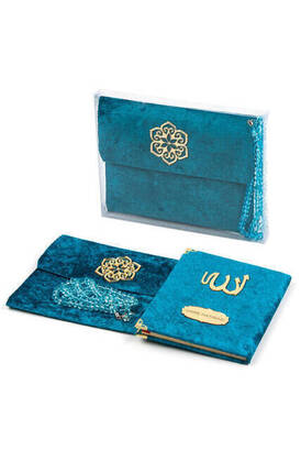 20 Pieces Velvet Covered Yasin Book - Bag Size - Name-Specific Plate - Rosary - Sachet - Boxed - Petrol Color - Mevlit Gift - 1