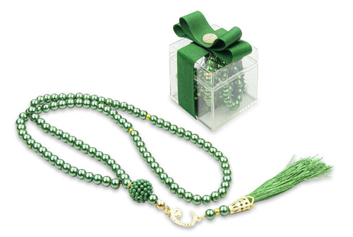 5 Pieces 99 Pearl Rosary with Decorative Mica Box - Green - 1