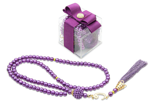 5 Pieces 99 Pearl Rosary with Decorative Mica Box - Purple - 1