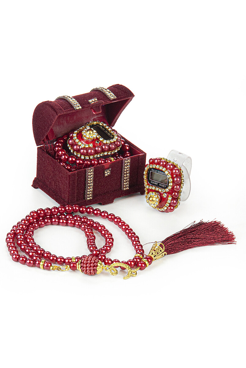 5 Pieces of Pearl Prayer Beads and Zikirmatik Set in a Box Mevlüt Gift Claret Red - 1