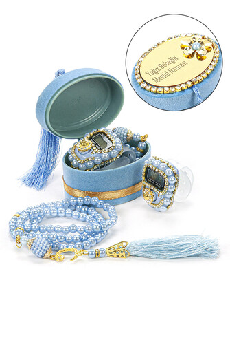 5 Pieces Velvet Boxed Mevlüt Gift Set with Chanting Machine and Pearl Prayer Beads Blue - 1