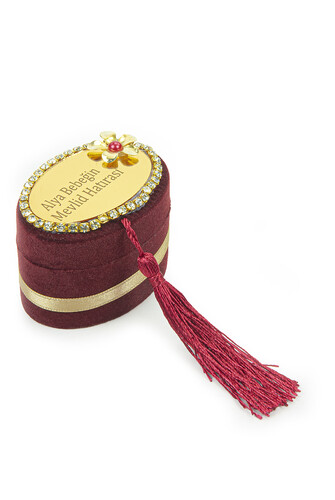 5 Pieces Velvet Boxed Mevlüt Gift Set with Chanting Machine and Pearl Prayer Beads Claret Red - 2