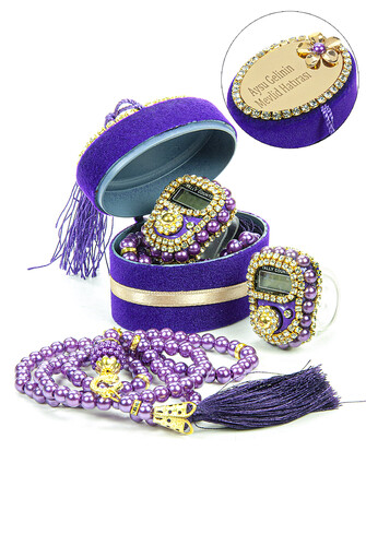 5 Pieces Velvet Boxed Mevlüt Gift Set with Chanting Machine and Pearl Prayer Beads Purple - 1