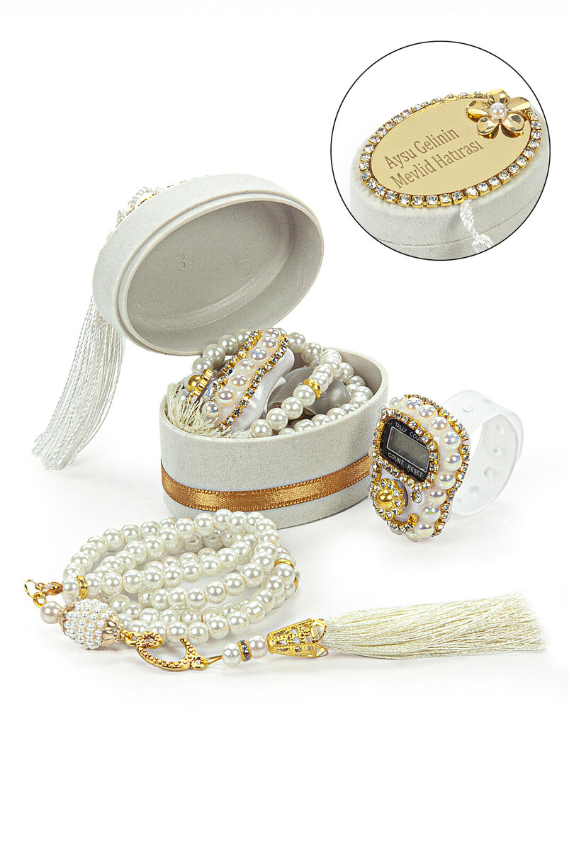 5 Pieces Velvet Boxed Mevlüt Gift Set with Chanting Machine and Pearl Prayer Beads White - 1